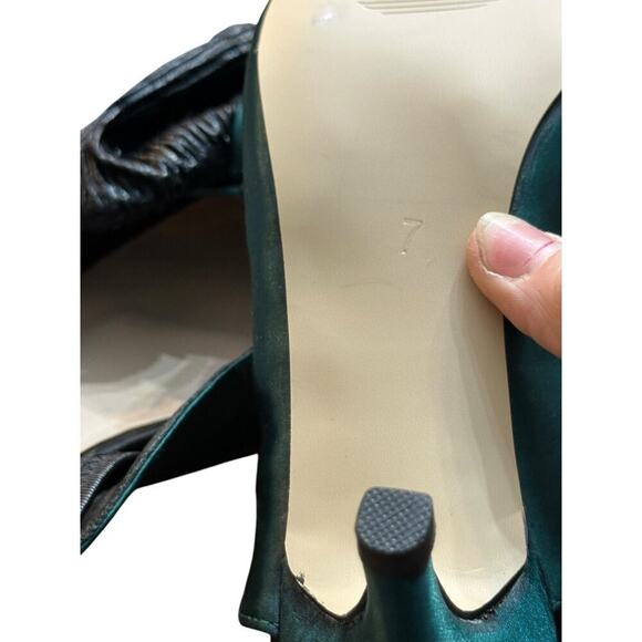 FSJ Green Satin Pointed Toe Low Heel Black Bow Slingback Pump Heels Size 7 - Picture 8 of 11